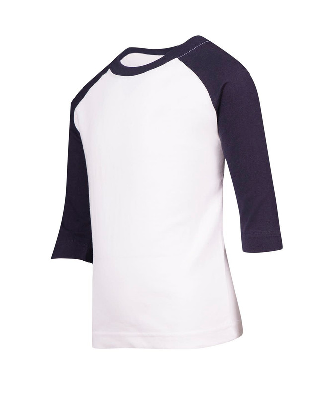 A white kids' 3/4 raglan sleeve T-shirt with navy blue sleeves and a logo.