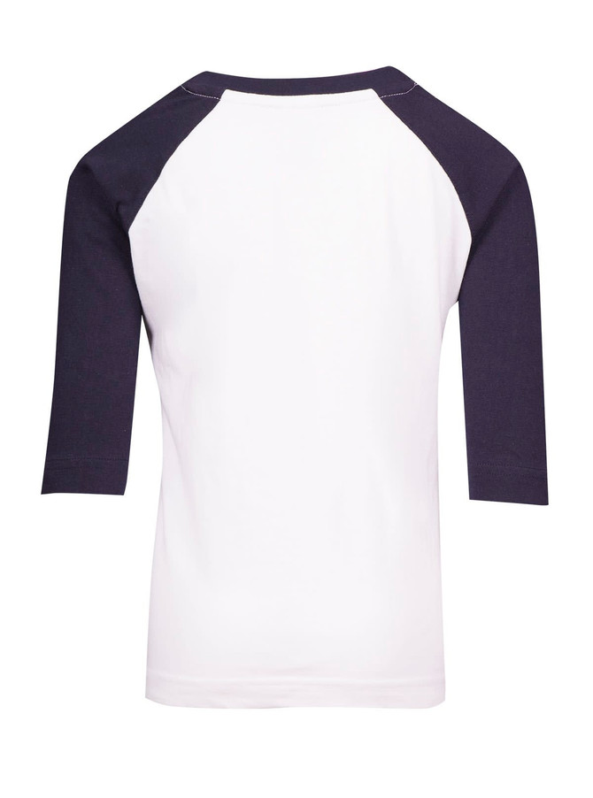 A kids' 3/4 raglan sleeve T-shirt featuring a white body and navy sleeves. The shirt has a logo on the back.