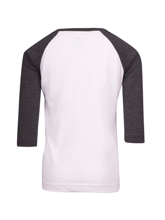 A 3/4 raglan sleeve T-shirt in white with dark grey sleeves, featuring a logo on the back.