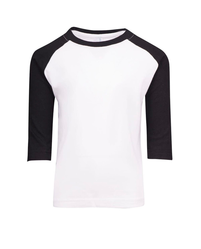 A white kids' T-shirt with black 3/4 raglan sleeves and a logo on the front.