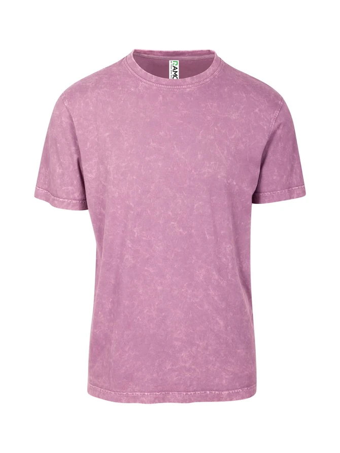 A unisex stone wash T-shirt in a faded purple hue, featuring a logo on the label.