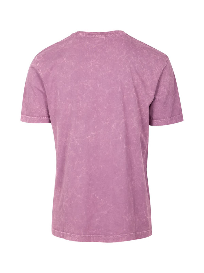 A unisex stone wash t-shirt in a soft lilac colour with a logo on the back.