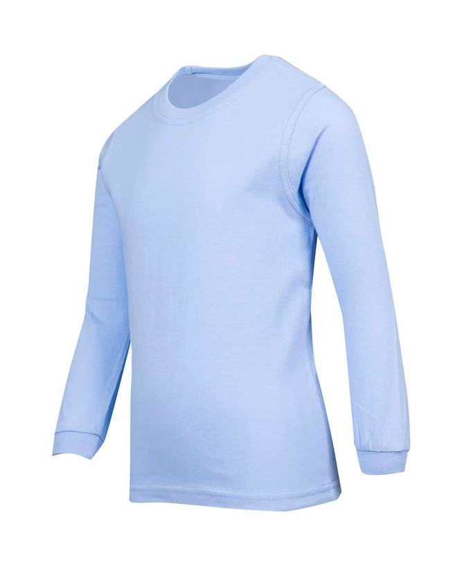 A light blue long sleeve T-shirt for kids, featuring a simple design and a logo.