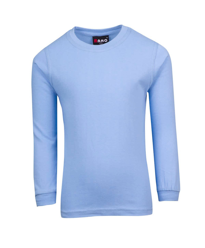 A light blue long sleeve T-shirt with a round neck and a logo on the label.