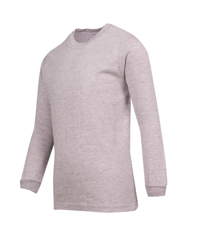 A grey long sleeve t-shirt with a round neck and long sleeves, featuring a simple design and a logo.