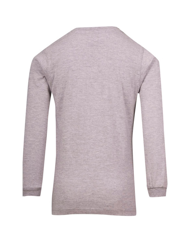 A grey long sleeve T-shirt for kids, featuring a simple design and no visible logos.