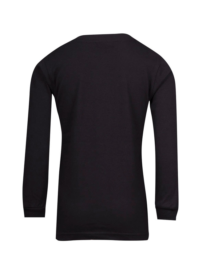 A black long sleeve children's t-shirt with a plain back design and fitted sleeves.