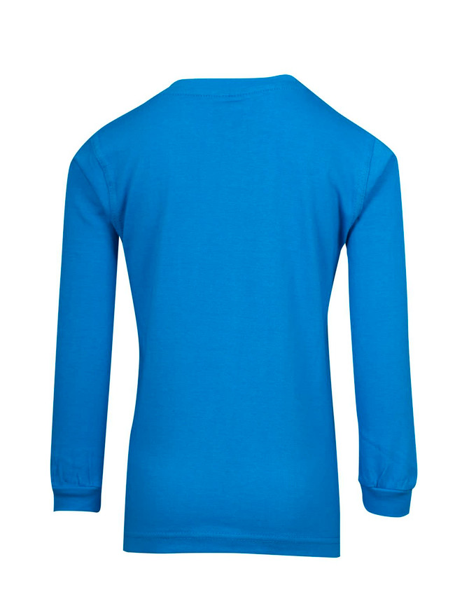 A blue long sleeve t-shirt for children with a plain design and a logo on the back.