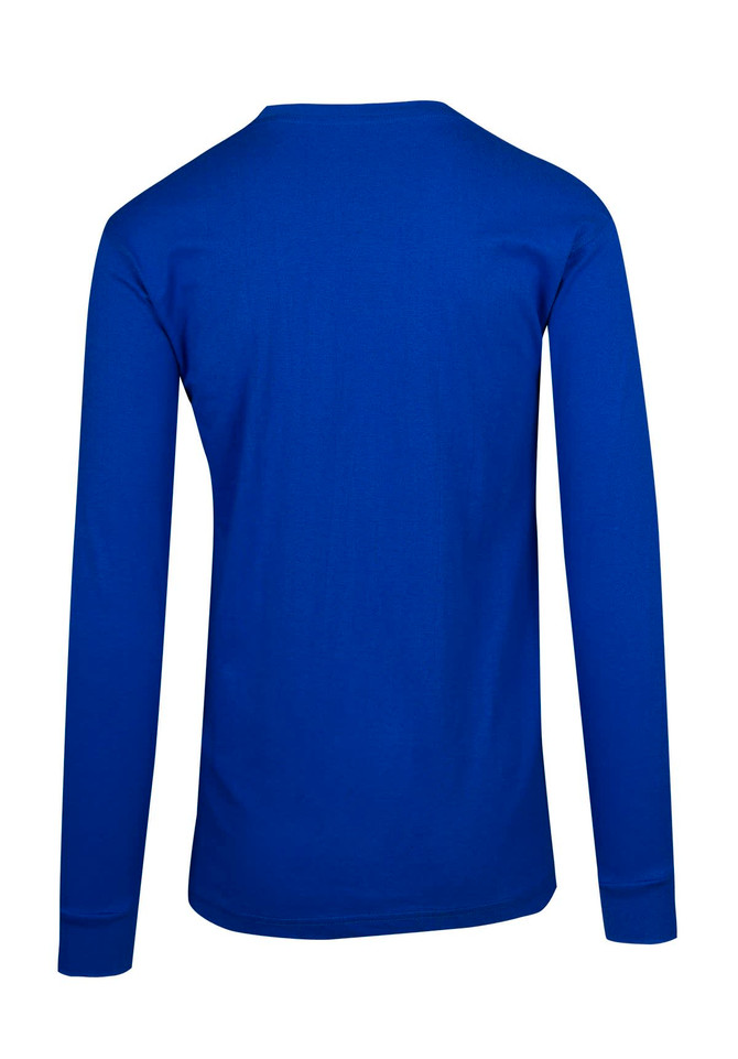 A blue unisex long sleeve T-shirt featuring a simple design and a branded logo.