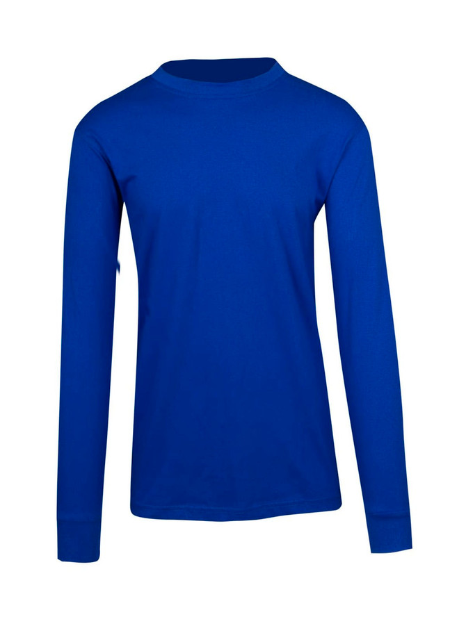 A blue unisex long sleeve T-shirt with a crew neck and a logo on the chest.