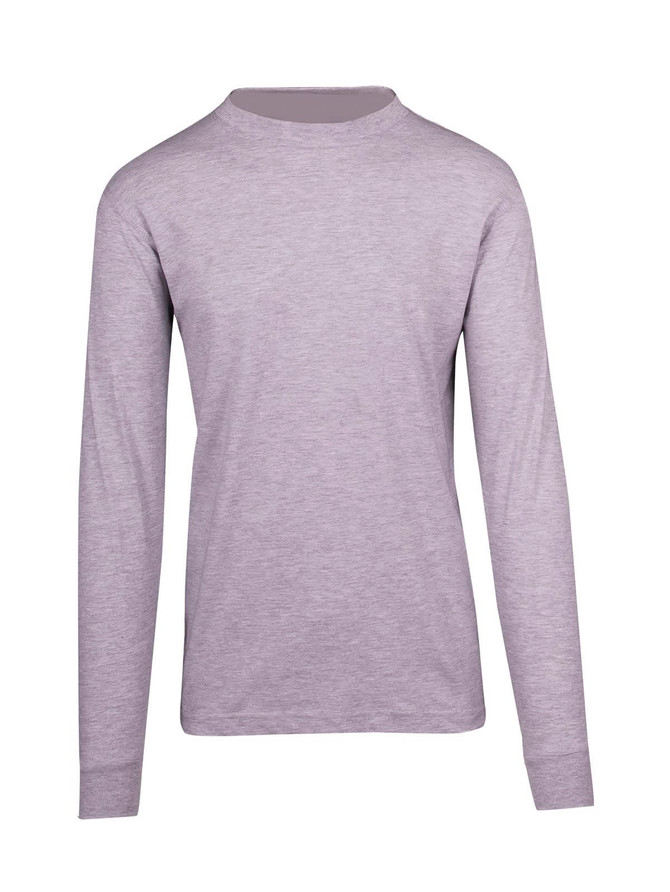 A light grey long sleeve T-shirt with a round neck and long sleeves, featuring a logo.