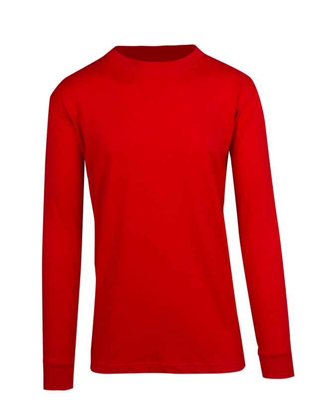 A red long sleeve T-shirt with a round neckline and fitted cuffs. It features a logo on the front.