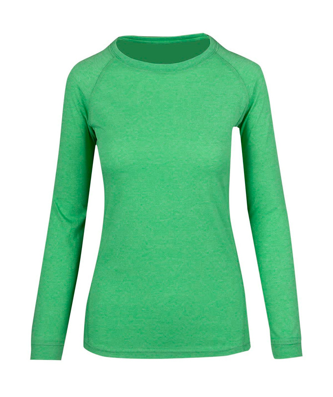 A women's long sleeve T-shirt in heather green with a fitted design and raglan sleeves. It features a logo.