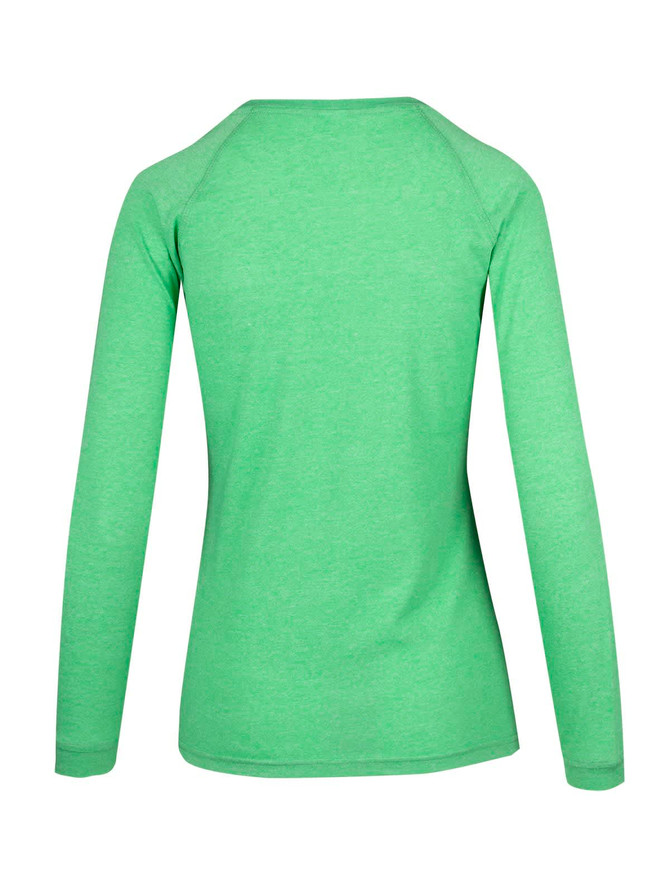 A green long sleeve T-shirt made of heather fabric, featuring a simple design and a back view.