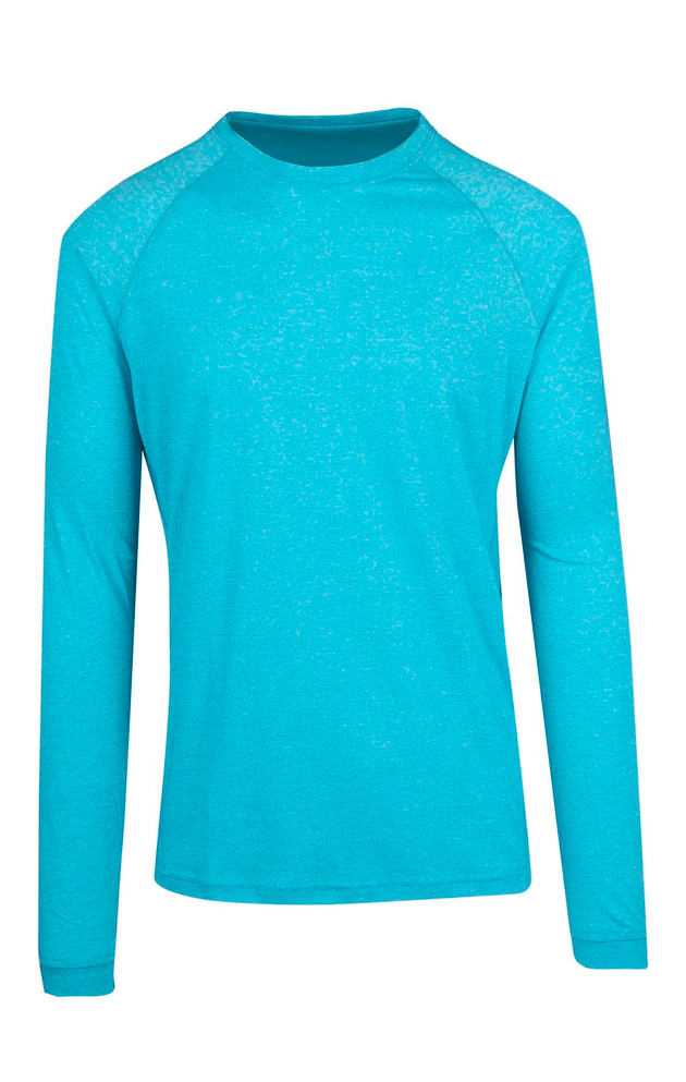 A long sleeve t-shirt in heather blue with a simple design and a logo on the front.