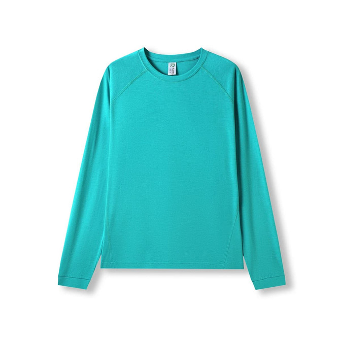 A long sleeve t-shirt in heather blue with a simple design and a logo on the front.
