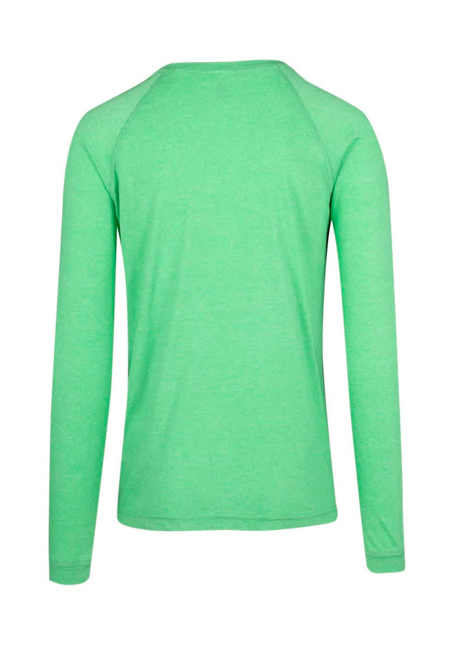 A green long sleeve T-shirt with a simple design and a soft fabric. It features raglan sleeves and a logo.