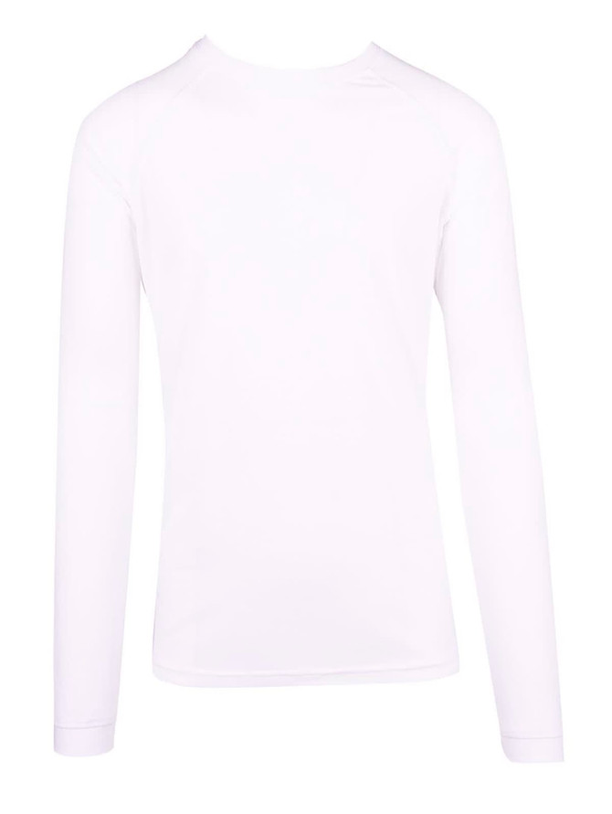 A white long sleeve t-shirt featuring a simple design and a logo on the back. Suitable for men and unisex.