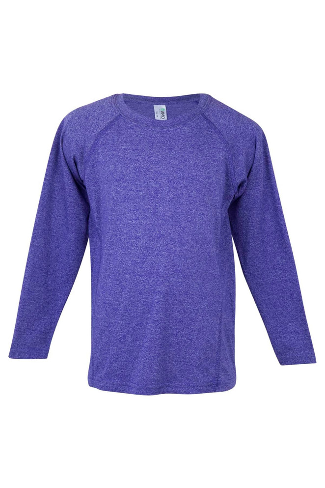 A purple long sleeve T-shirt with raglan sleeves and a tag on the inside. Features a logo.