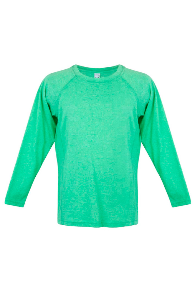 A green long sleeve T-shirt with a relaxed fit and raglan sleeves, featuring a logo on the front.
