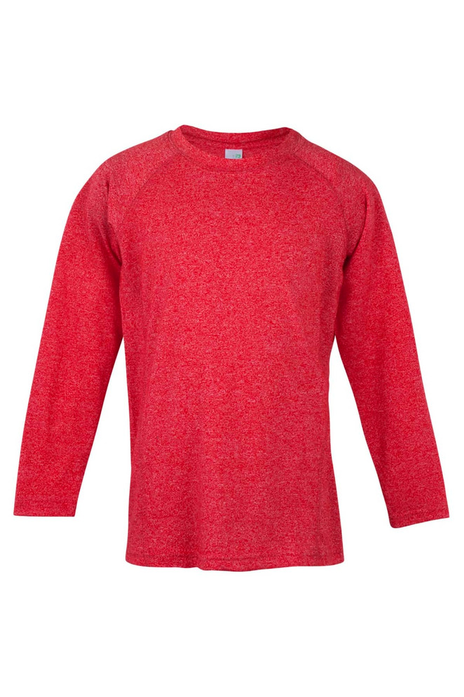 A long sleeve T-shirt in vibrant red, featuring a textured fabric and a simple crew neck design.