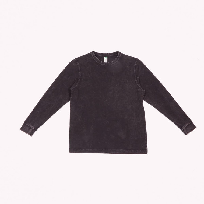 A grey stone wash long sleeve t-shirt with a round neck and a simple design. It has a logo.