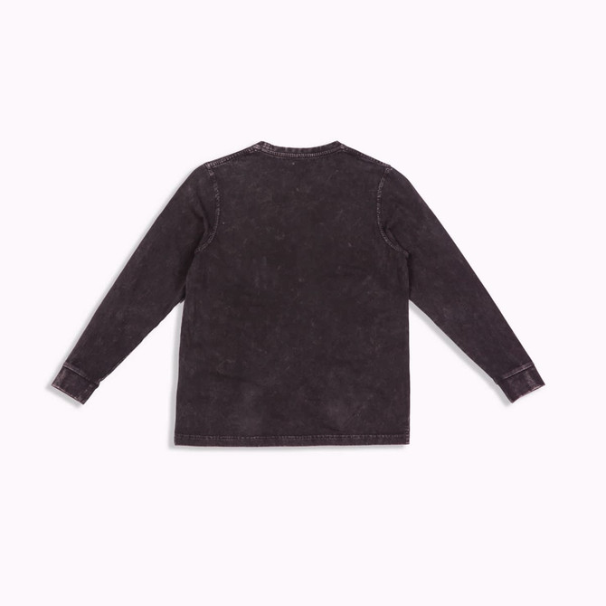 A grey stone wash long sleeve T-shirt with a simple design and branding on the back.