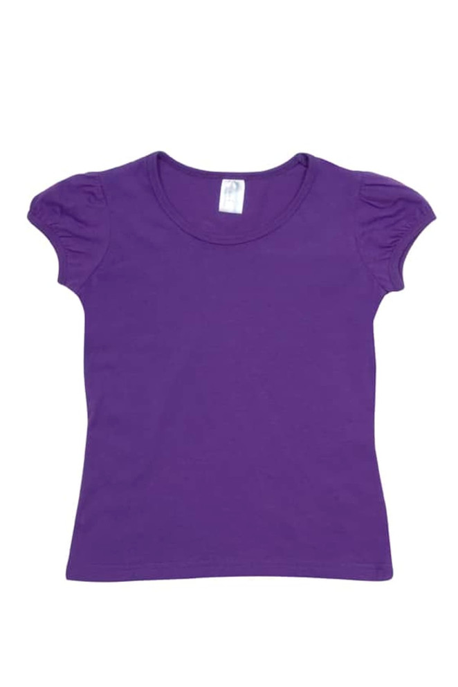 A purple short puff sleeve T-shirt with a round neckline and a label on the inside.