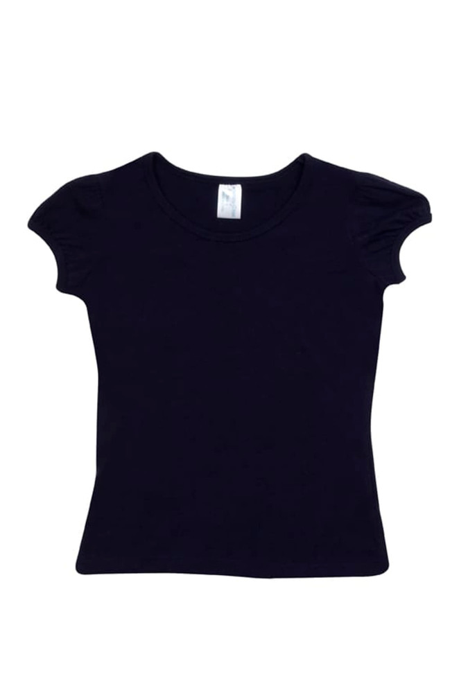 A black short puff sleeve T-shirt displayed flat, featuring a round neckline and a label inside.
