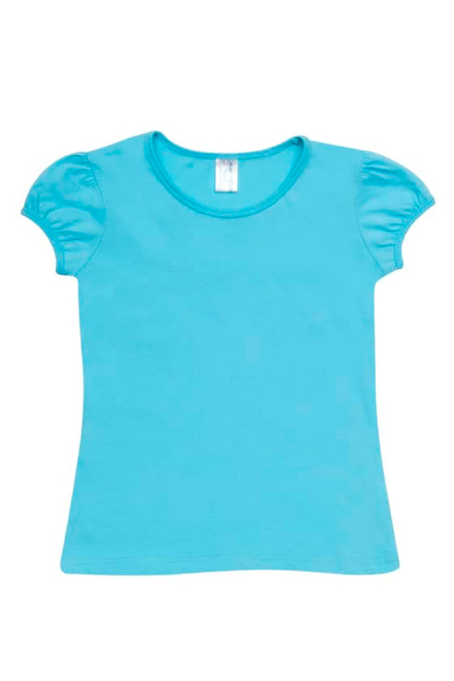 A light blue short puff sleeve t-shirt with a round neckline and a plain design, featuring a logo.