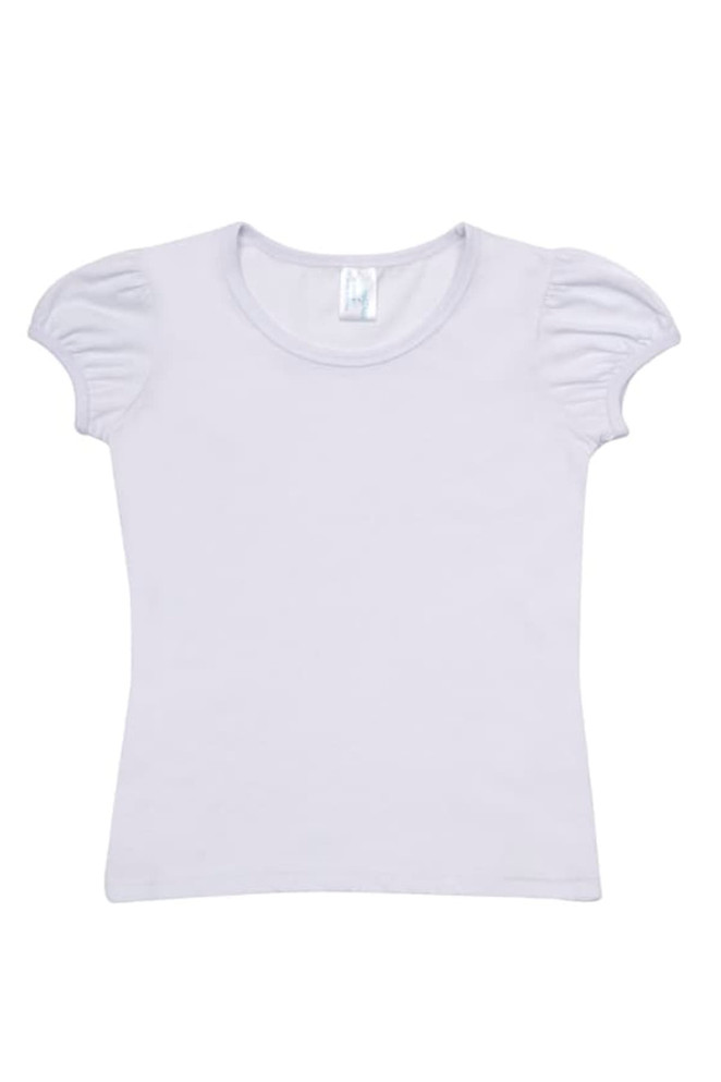 A lavender short puff sleeve t-shirt with a round neck and a label inside. It has a plain design.