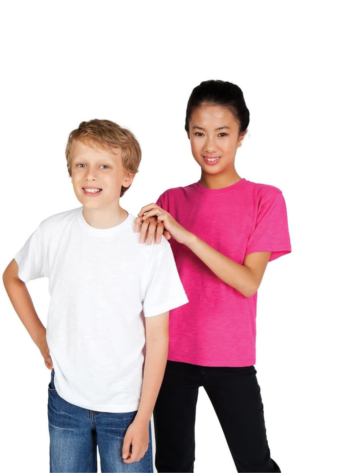 A white T-shirt worn by a boy and a pink T-shirt worn by a girl, both smiling, with a plain background.