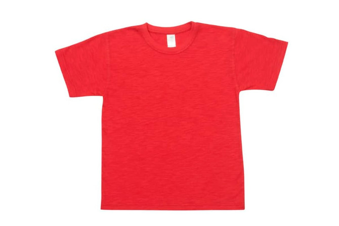 A red bamboo cotton T-shirt with short sleeves and a plain design. It features a label at the neckline.