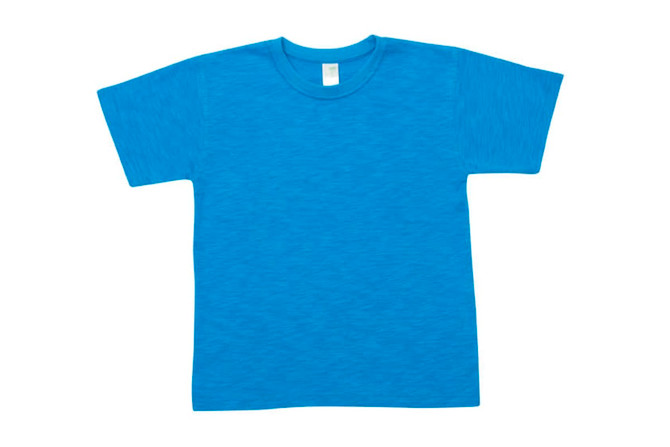 A blue bamboo cotton T-shirt with short sleeves and a round neckline, featuring a small logo.