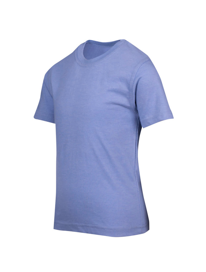 A light blue kids' crew neck t-shirt displayed at an angle, showcasing its shape and style. The t-shirt has a simple design.