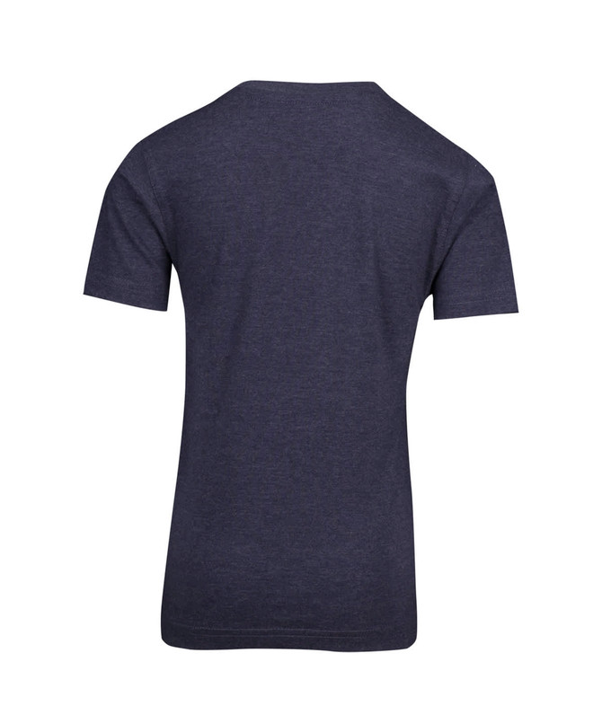 A navy blue kids' crew neck T-shirt featuring short sleeves and a plain back design. Includes a logo.
