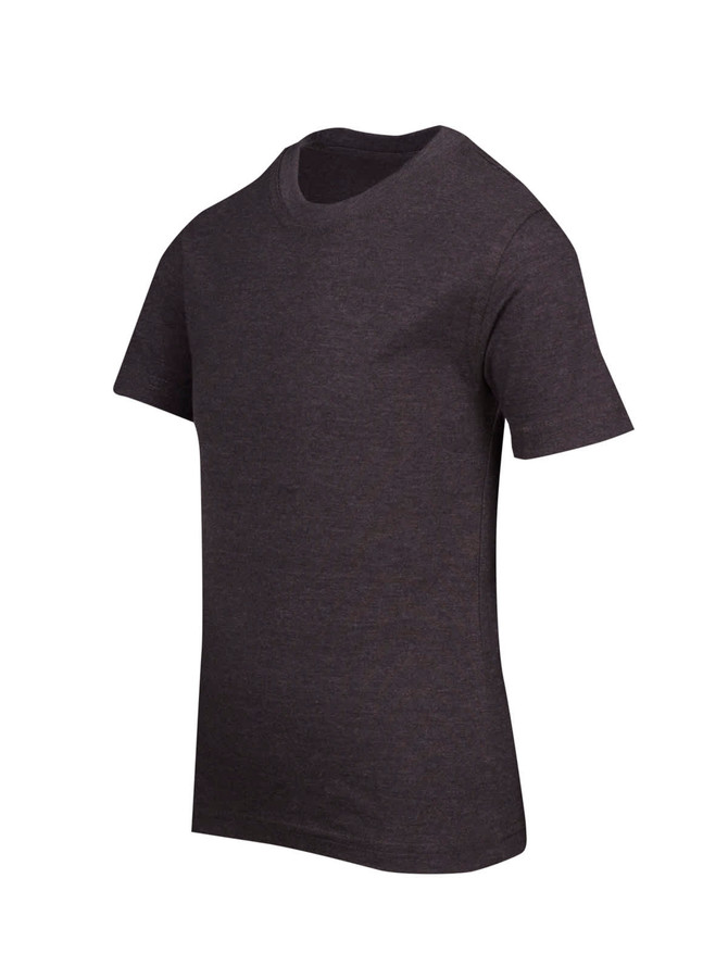 A dark marl crew neck T-shirt for kids, featuring short sleeves and a simple design.