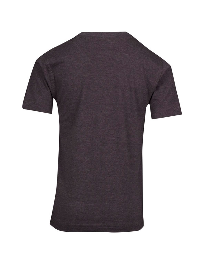 A dark grey crew neck t-shirt with short sleeves and a back view. The shirt features a logo on the side.