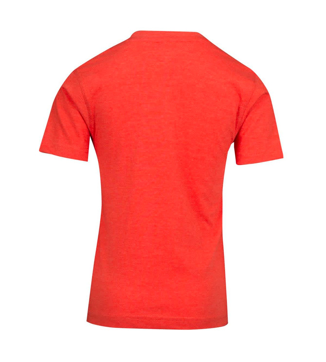 A red marl crew neck T-shirt with short sleeves, featuring a plain back design and a logo.
