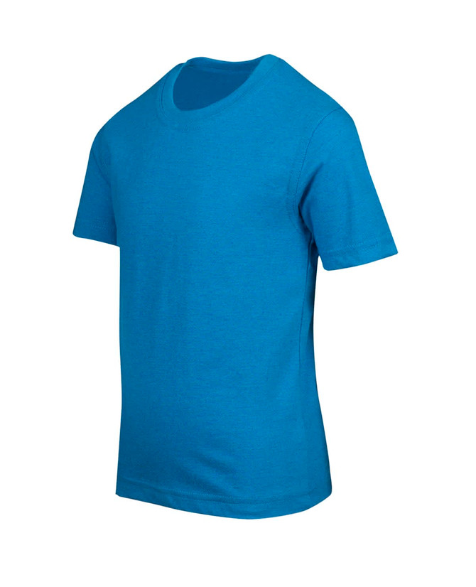 A blue crew neck T-shirt for kids, featuring short sleeves and a plain design. It has a logo on the label.