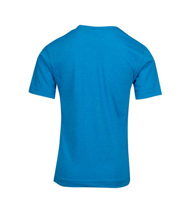 A blue kids' crew neck T-shirt featuring a plain back and short sleeves, with a logo on the design.
