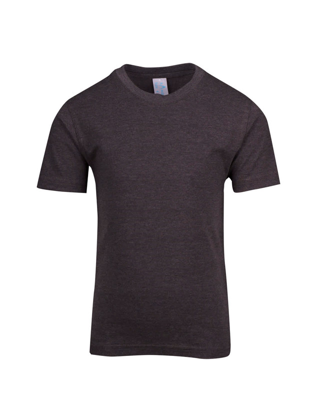 A grey crew neck T-shirt for kids, featuring short sleeves and a branding logo.