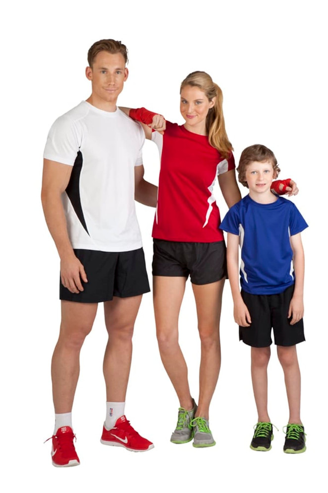 A white and black T-shirt, a red and white T-shirt, and a blue T-shirt, worn by an adult male, adult female, and child.
