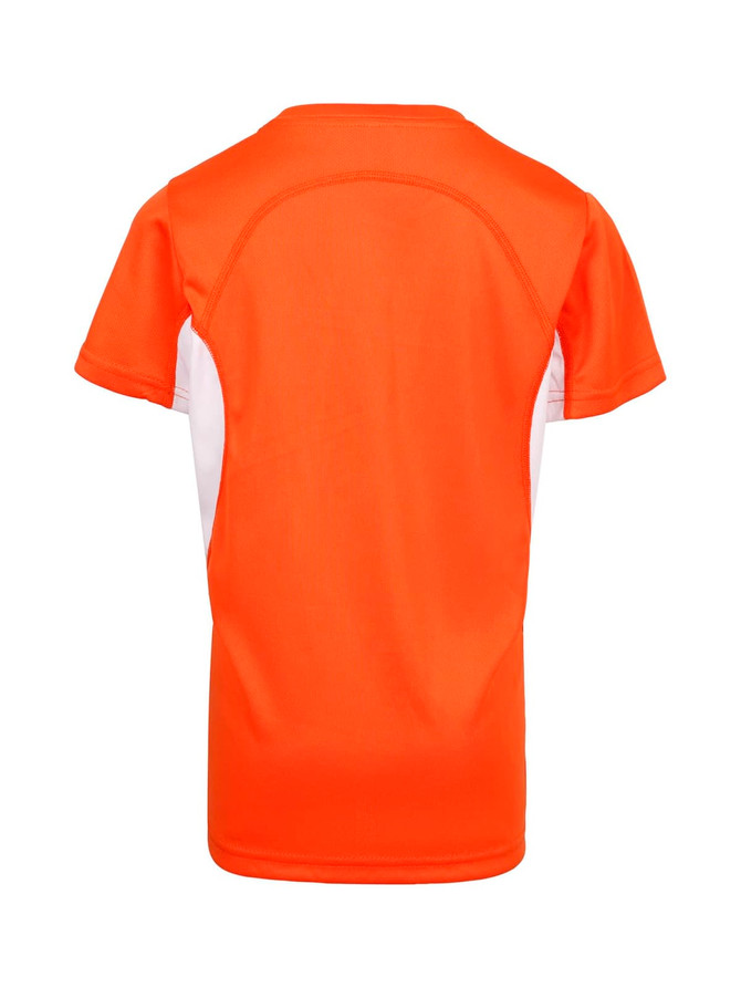 An orange kids' T-shirt featuring white side panels and a branding logo. The back shows a smooth, athletic design.
