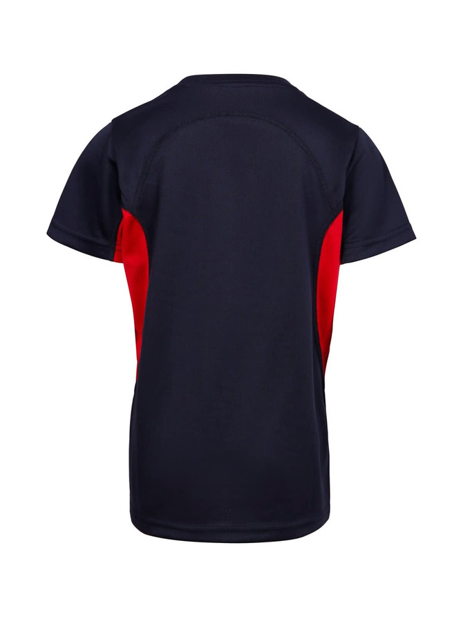 A navy and red kids' t-shirt featuring a sporty design, with a logo on the back.