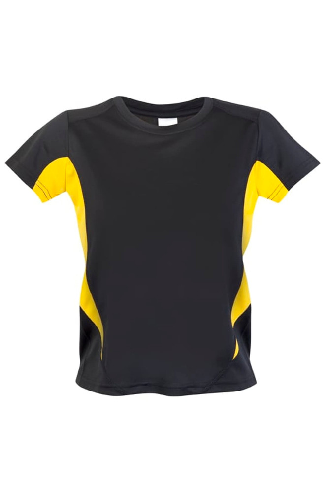 A black and yellow kids' cool-dry T-shirt featuring a sporty design and a logo.