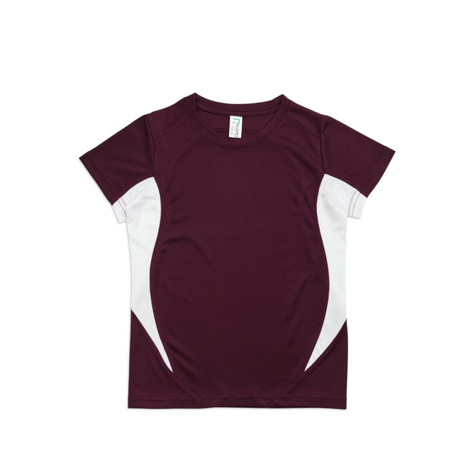 A maroon kids' T-shirt with white side panels and a logo on the front.