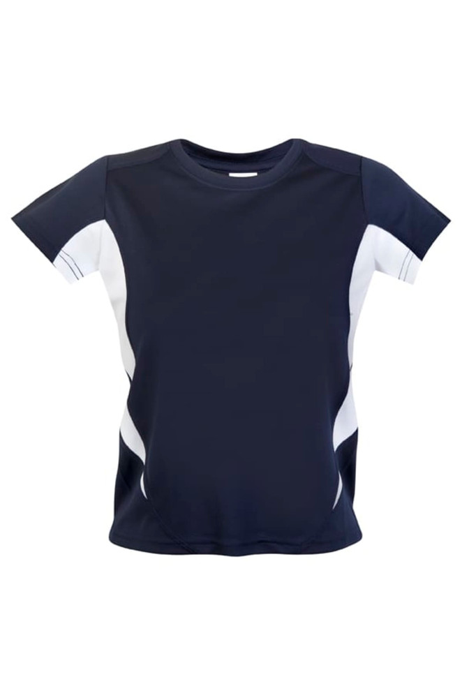 A navy blue kids' t-shirt with white accents and a logo, featuring a relaxed fit and short sleeves.