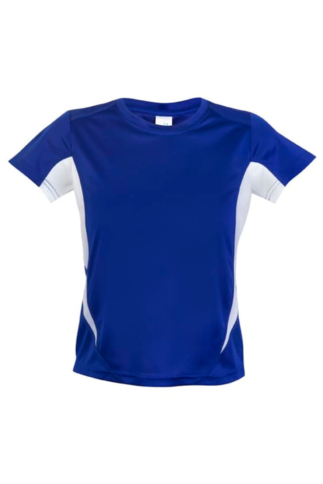 A blue and white kids' T-shirt made from cool-dry fabric, featuring a logo.