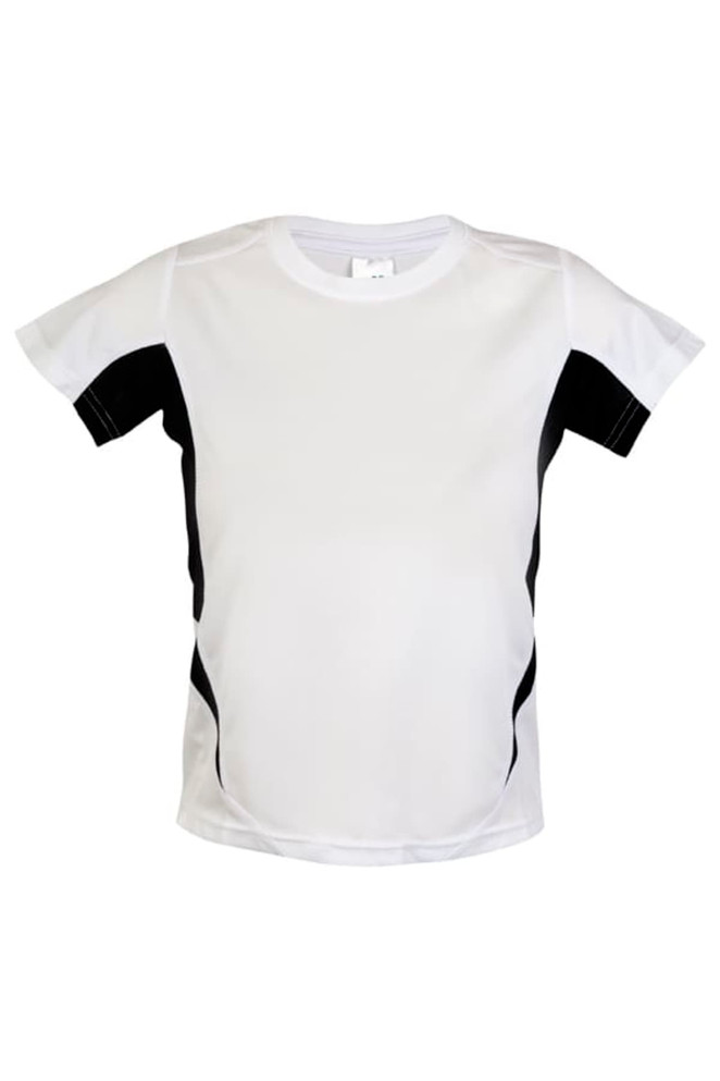 A white and black Kids Accelerator Cool-Dry T-shirt with short sleeves and a subtle logo.